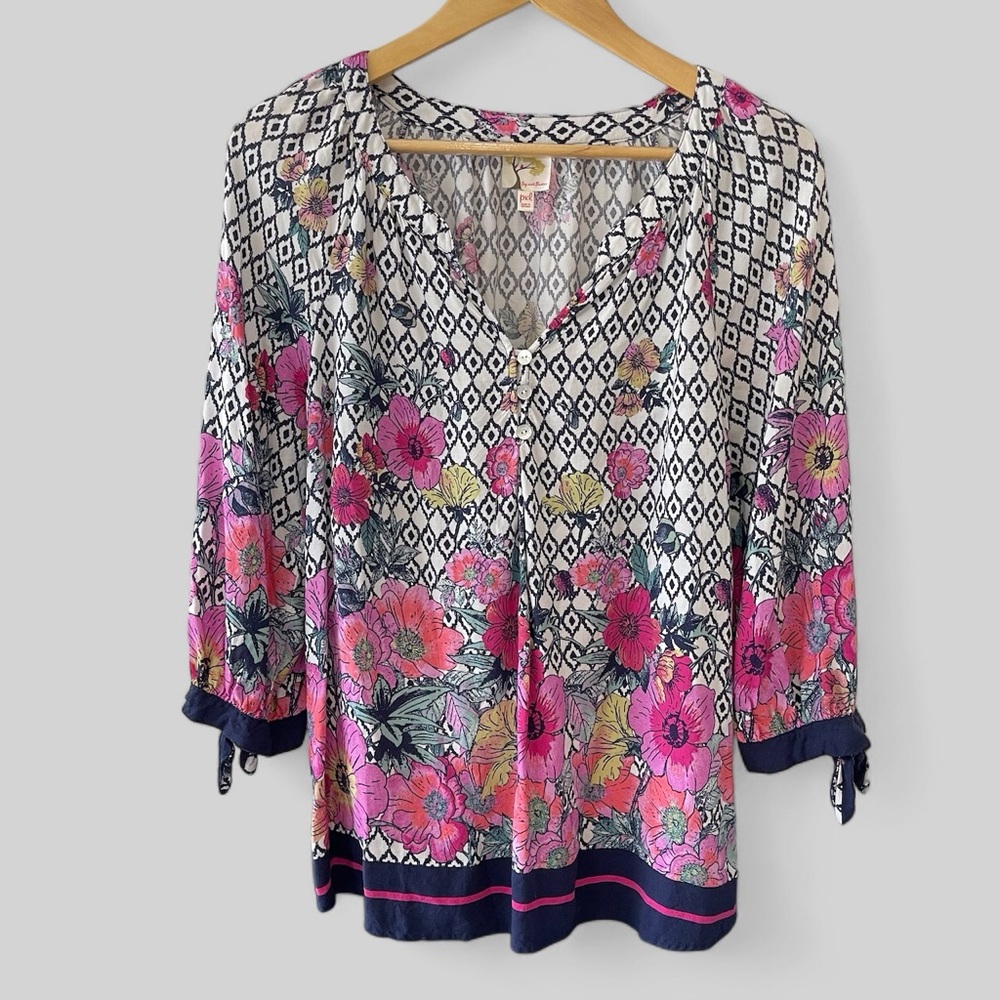 Anthropologie Fig & Flower Floral Blouse Size XL Petite 3/4 Tie Sleeve V Neck